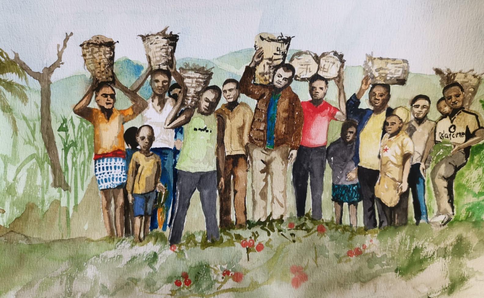 Tekening van mensen die in manden de maisoogst dragen van het duurzame landbouwproject in Kameroen.